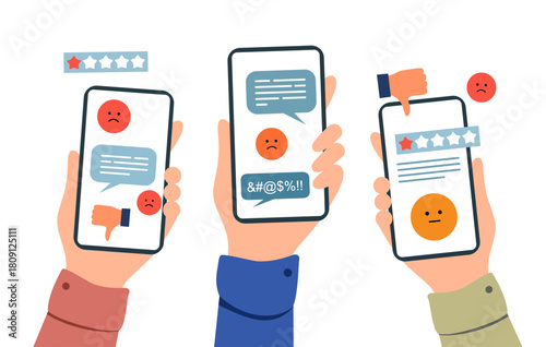 Bad review concept design. Online negative user feedback. Customer experience ranking. Dislike, complaint, bad rate. Web comment. Angry client testimonial. Social survey result. Vector illustration