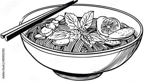 Delicious Bowl of Noodles with Fresh Vegetables Sketch