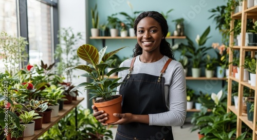 Smiling Black woman proudly presents a vibrant potted houseplant, showcasing her flourishing small business filled with diverse green botanical beauty and natural wellness