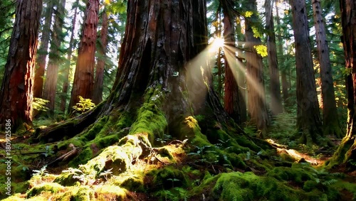Sunlight filters through moss covered forest trunks creating warm dappled light scene