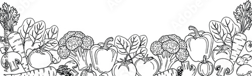 A black and white line drawing of various fresh vegetables arranged in a border or header design.