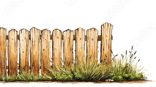 Detailed Vector Drawing of Wooden Fence with Grass - Outdoor Nature Scene