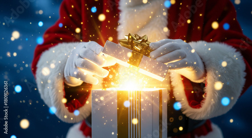 Santa claus opening a gift box with glowing light