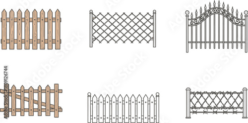 Six different fence designs, including wood picket, lattice, and wrought iron styles, arranged in a grid.