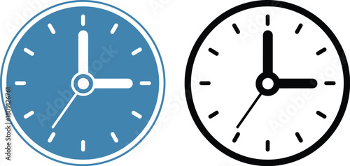 Two clock icons, one blue and one black, both showing the time as three o'clock.