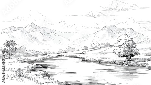 Serene Landscape with River and Majestic Mountains Drawing