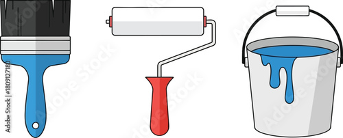 Illustration of a paintbrush, paint roller, and a bucket of blue paint, tools for painting.