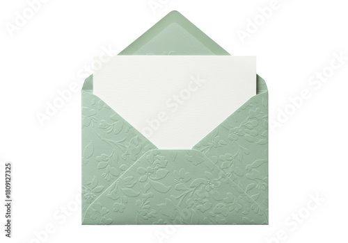 Isolated open invitation envelope in pastel green color with floral design and card inside