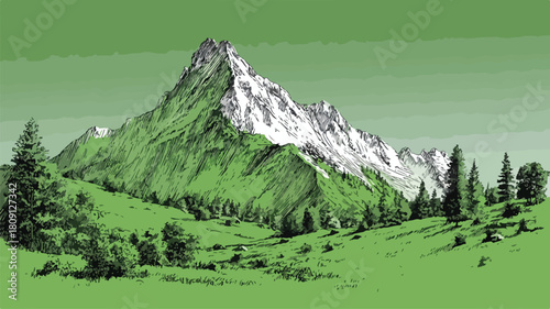 Peaceful Mountain Landscape with Green Background Drawing