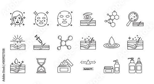 Set of skincare treatment icons thin line vector illustration for beauty and cosmetic procedures iso