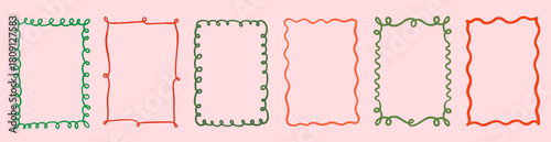 Green and red vector whimsical doodle frames, wavy Christmas borders for holiday menus and invitation backgrounds