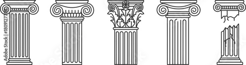 Five architectural columns in a row, showcasing different styles and including one broken column.