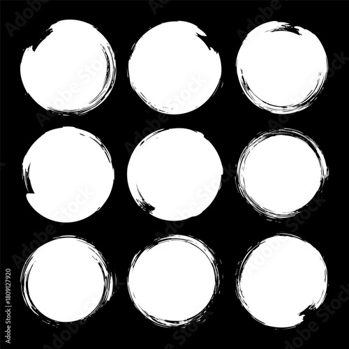 Grunge circles, brush strokes, lines, ink smudges, hand-drawn scribble shapes. Handmade sketchy marks, acrylic stains, charcoal streaks. Paint textures, dry brush effect. Vector illustration