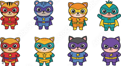 Cartoon superhero cats, cute feline characters in costumes, masks and capes, action poses, colorful vector illustration, children theme, animal heroes