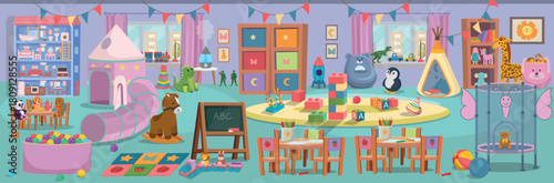 A children's playroom with lots of toys. A kindergarten interior with a round table with chairs, a board, and lots of toys with a dollhouse and tea party. A ball pit and a rocking horse.