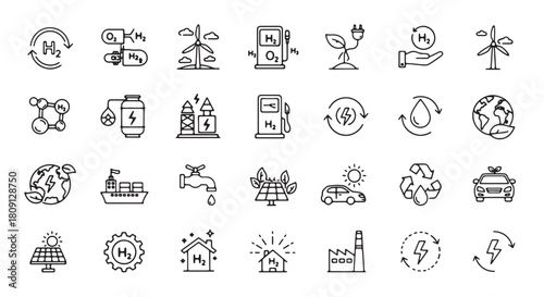 Set of hydrogen energy icons clean power vector symbols for sustainable technology isolated on white