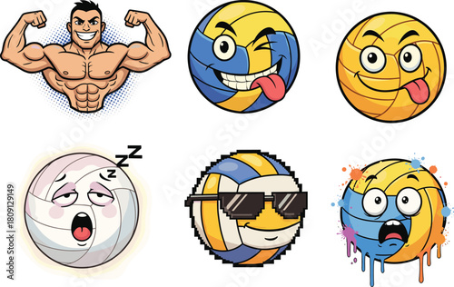 Cartoon volleyball faces, expressive sports balls, muscular character, vector illustration, fun emotions, playful sports theme, creative equipment, humorous design