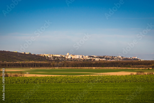 Canvas Print View of Bratislava, capital of Slovakia from the road among fields in Lower Aust