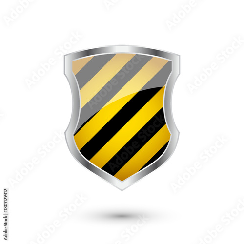 Glossy shield with yellow and black pattern. Security and protection concept. Cyber safety icons, internet privacy, web defense, digital data protection and antivirus themes. Vector illustration