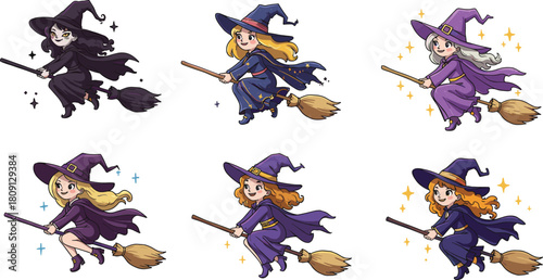 Cartoon witches flying on broomsticks, Halloween magic characters, colorful costumes, sparkles, expressive poses, vector illustration set for festive design and education