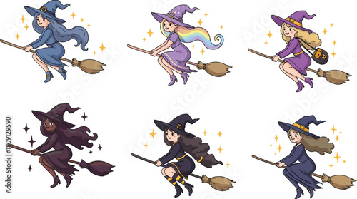 Cartoon witches flying on broomsticks, magical Halloween characters, sparkles, costumes, pumpkin detail, vector illustration set for festive design and education