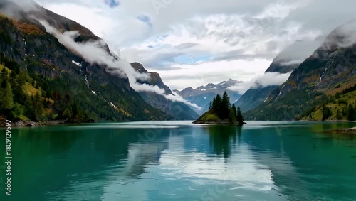 Turquoise alpine lake landscape with small island tree and misty mountain peaks