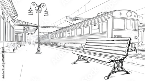 Modern Train Station Illustration with Train and Passengers Traveling