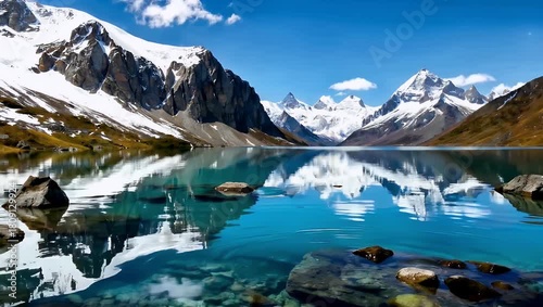 Turquoise glacial lake surrounded by snow capped mountains reflecting clear alpine sky
