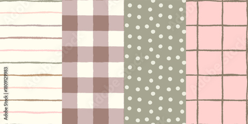 Earthy tones and pink seamless vector patterns set with dots, check, stripes and gingham designs, organic natural uneven lines backgrounds