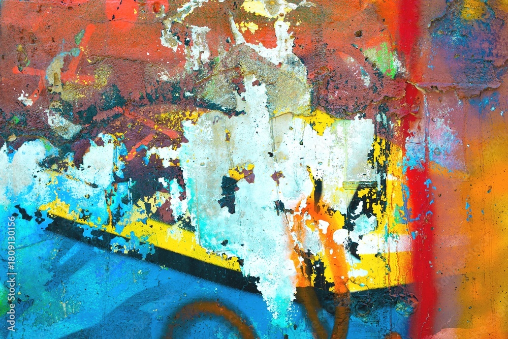 Obraz premium Vibrant abstract graffiti texture in blue, orange, yellow, red. Energetic urban street art, bold colors, distressed look. Background, texture, modern creative banner, 2000s, Y2K design.