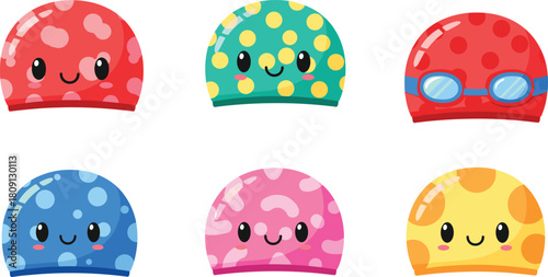 Colorful cartoon swim caps with cute faces, playful expressions, kids pool accessories, fun aquatic gear, cheerful character designs, summer swimming illustration, vector art