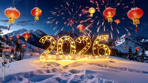Winter new year celebration scene with 2026 digits lanterns and fireworks over snowy landscape
