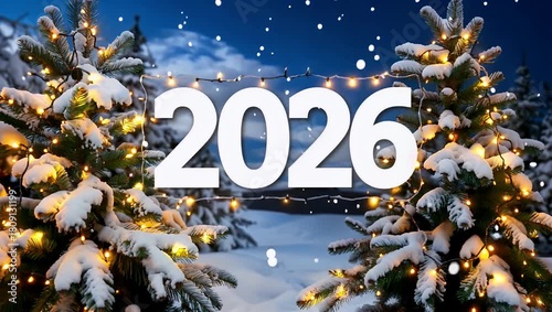 Winter night scene with snow covered pine trees festive lights and bold year 2026 centerpiece