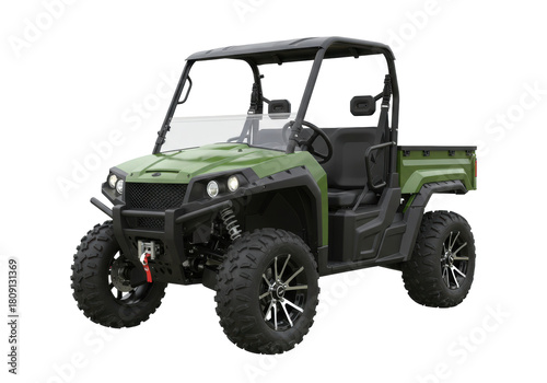 Isolated utility terrain vehicle, popular model, off-road green vehicle, vehicle for work, fun