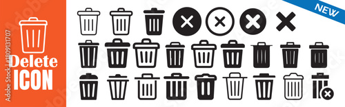 Delete icon set. Trash can symbol and cross sign. Delete button. Delete icon collection