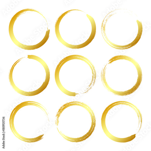 Golden grunge circles, brush strokes, lines, ink smudges, hand-drawn scribble shapes. Handmade sketchy marks, acrylic stains, charcoal streaks. Paint textures, dry brush effect. Vector illustration