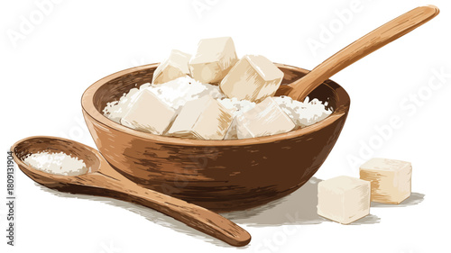 Cubes of Rice in Bowl with Wooden Spoon Drawing for Food Concept