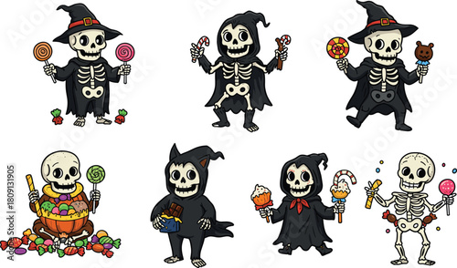 Halloween skeleton characters with candy, witch costume, cat outfit, spooky cloak, festive sweets, cartoon bones, trick or treat, holiday celebration, vector illustration