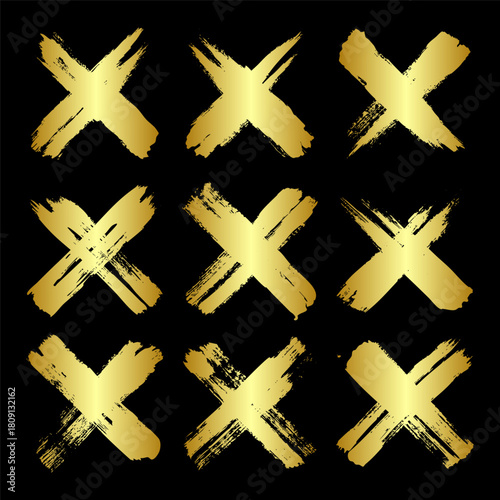 Golden grunge crosses, brush strokes, lines, ink smudges, hand-drawn scribble shapes. Handmade sketchy marks, acrylic stains, charcoal streaks. Paint textures, dry brush effect. Vector illustration