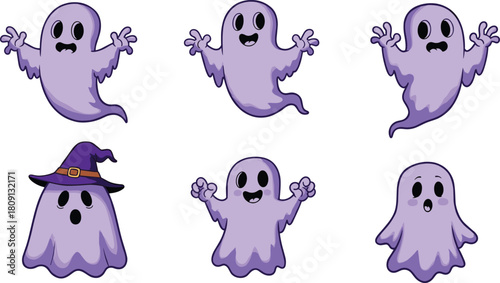 Purple cartoon ghosts with expressive faces, Halloween spooky characters, cute ghost emotions, festive vector illustration, playful haunted theme, trick or treat design