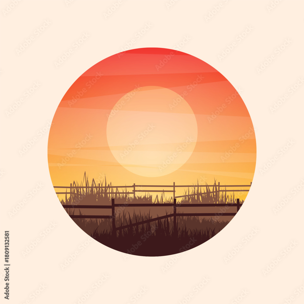 Fototapeta premium Meadow silhouettes with grass and old wooden fence. Countryside, round panoramic summer lawn rural landscape with herbs, weeds. Agriculture and farming. Summer sunset in nature. Vector illustration