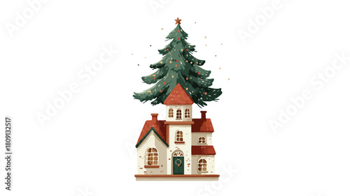 Festive Christmas Tree atop a House Vector Illustration