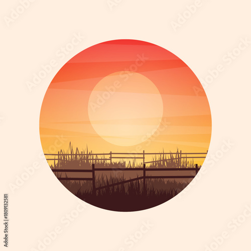 Meadow silhouettes with grass and old wooden fence. Countryside, round panoramic summer lawn rural landscape with herbs, weeds. Agriculture and farming. Summer sunset in nature. Vector illustration