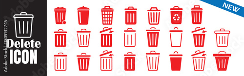 Delete icon set. Trash can sign. Waste basket symbol. Garbage bin vector collection.