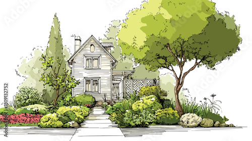 Modern house with lush garden and garden view vector illustration