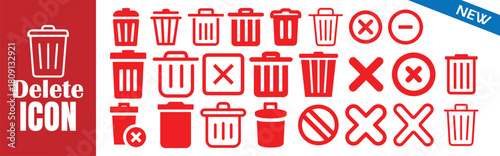 Delete icon set. Trash can sign. Remove and cancel symbols. Garbage bin vector collection.