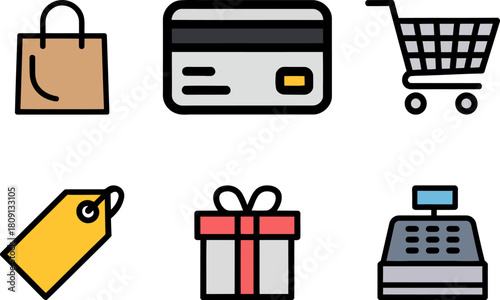 A collection of icons representing shopping and commerce.
