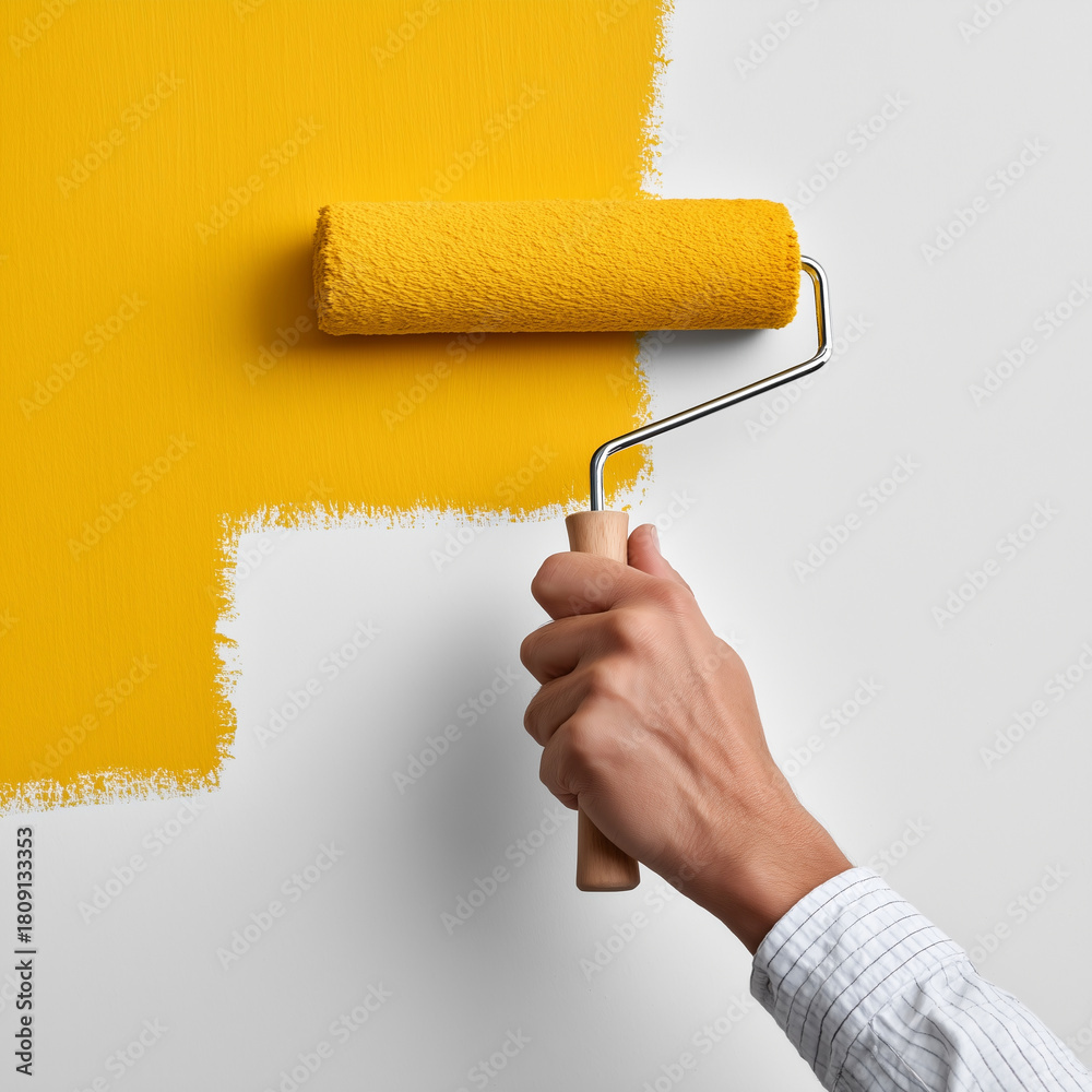 Obraz premium Hand painting wall yellow using paint roller