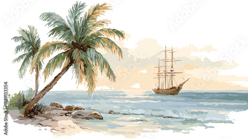 Tropical Beach Painting with Palm Tree and Ship - Relaxing Seascape Artwork