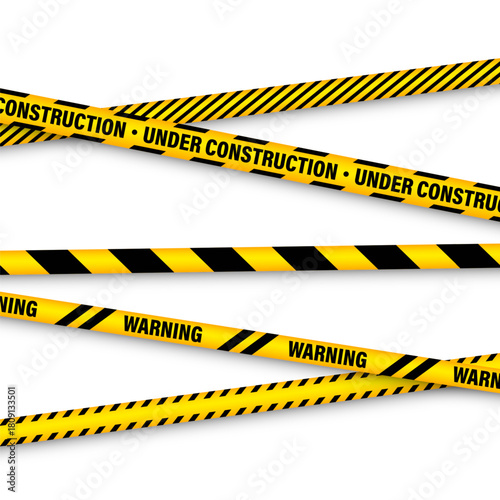 Barricade construction tape. Colorful police warning line, brightly colored danger or hazard stripe, ribbon. Restricted area, zone. Attention symbol. Vector illustration